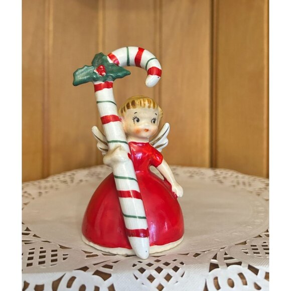 Vintage Napco Christmas Figurine Ceramic Angel Bell Candy Cane Girl - Picture 1 of 10